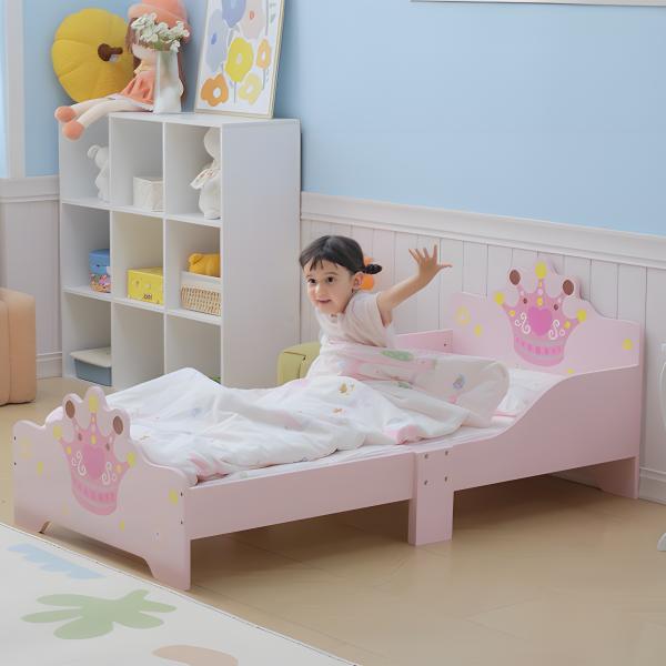Cama Infantil +3 Anos 143x73x60 cm com Estampado Coroa Carga 50 kg para Quarto Rosa