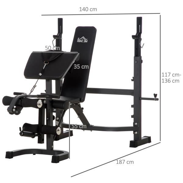 Banco de Musculação Multifuncional Banco de Pesos com Encosto Inclinável e Suporte de Barras com Altura Ajustável para Treinamento do Corpo Completo 187x140x117 - 136cm Preto