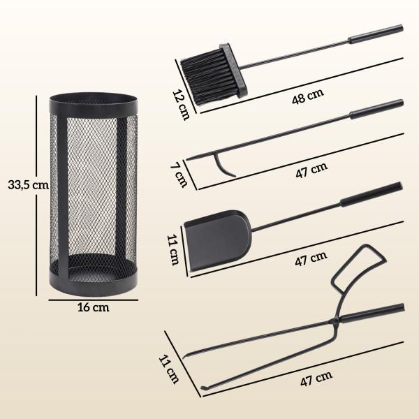 Conjunto para Lareira de 5 Peças em Metal com Escova, Pá, Tenaz, Atiçador e Suporte Ø16x33,5 cm Preto