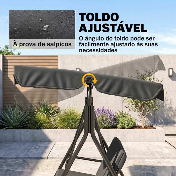 Baloiço de Jardim de 3 Lugares com Almofada Toldo Ajustável e Estrutura de Aço para Balcão Terraço 172x110x153 cm Preto
