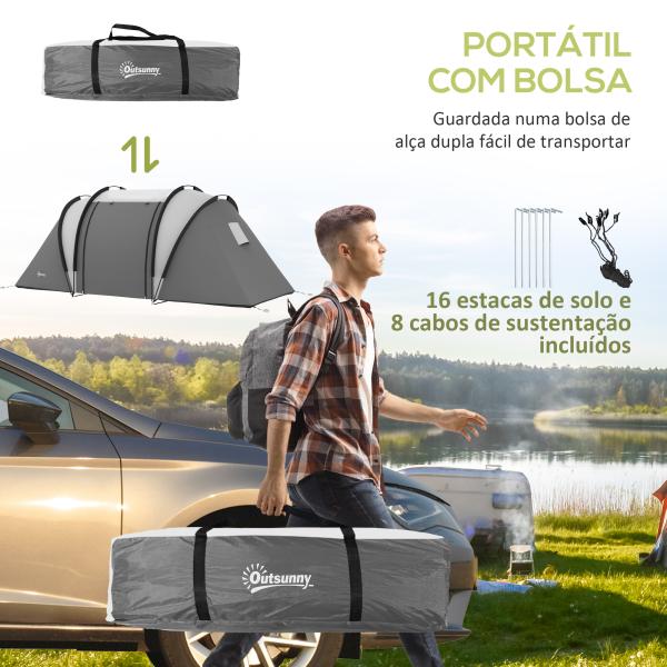 Tenda de Campismo Familiar para 4 - 5 Pessoas Impermeável 3000 mm com 2 Quartos Bolsa de Transporte e Gancho 450x220x180 cm Cinzento