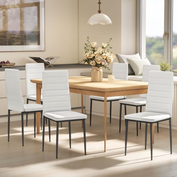 Conjunto de 6 Cadeiras de Sala de Jantar Estofadas em Linho com Pernas em Metal Cadeiras Modernas para Cozinha Quarto Suporta até 120 kg 41x50x97 cm Branco