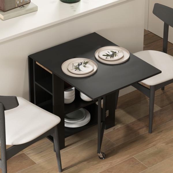 Mesa de Cozinha com Laterais Dobráveis Mesa de Refeição com 2 Rodas e Prateleiras Estilo Moderno 120x60x75 cm Preto
