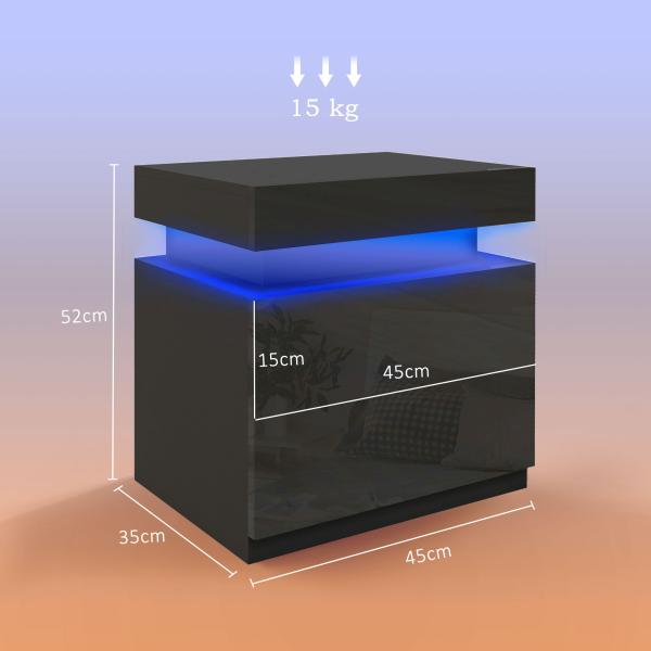 Mesa de Cabeceira com Luz LED Painel de Alto Brilho 2 Gavetas e Controlo Remoto para Dormitório 45x35x52 cm Preto