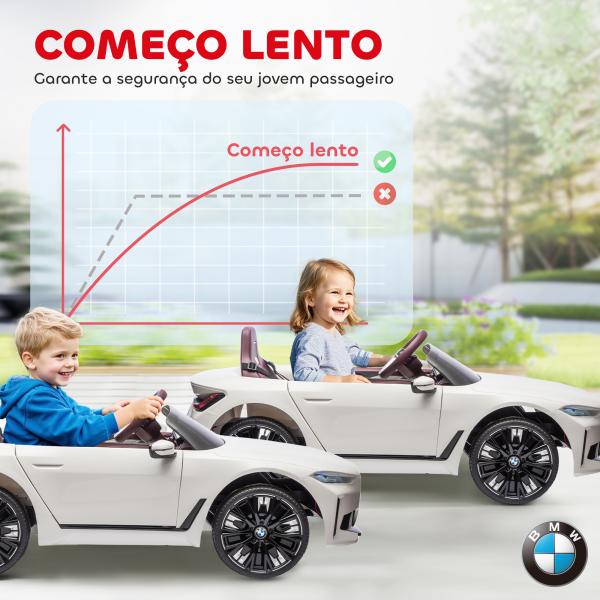Carro Elétrico para Crianças BMW i4 12V com Controlo Remoto Música MP3 Ecrã Luzes e Cinto de Segurança 115x67x45 cm Branco