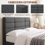Cama Estofada 140x200 cm com Cabeceira Almofadada, Estrado de Ripas e Espaço Livre Inferior, Cinzento