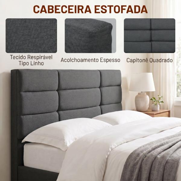 Cama Estofada 140x200 cm com Cabeceira Almofadada, Estrado de Ripas e Espaço Livre Inferior, Cinzento