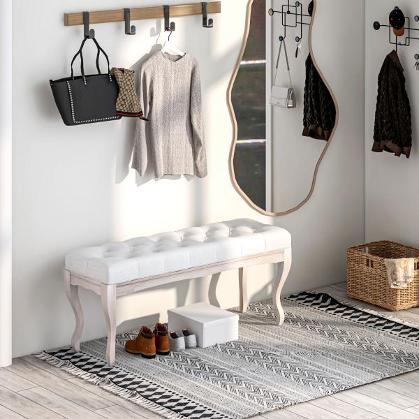 Banco Pé de Cama com Pés de Madeira e Assento Acolchoado para Dormitório Entrada Corredor 110x37x49 cm Creme