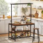 Estante de Cozinha com Tomada de Corrente Estilo Industrial com Prateleiras Ganchos Móvel Auxiliar 116x70x182 cm Marrom Rústico