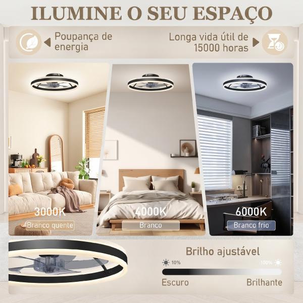 Ventoinha de Teto com Luz LED 6 Velocidades Motor Reversível e Comando Remoto Potência 45W Ø50x13,5 cm Preto