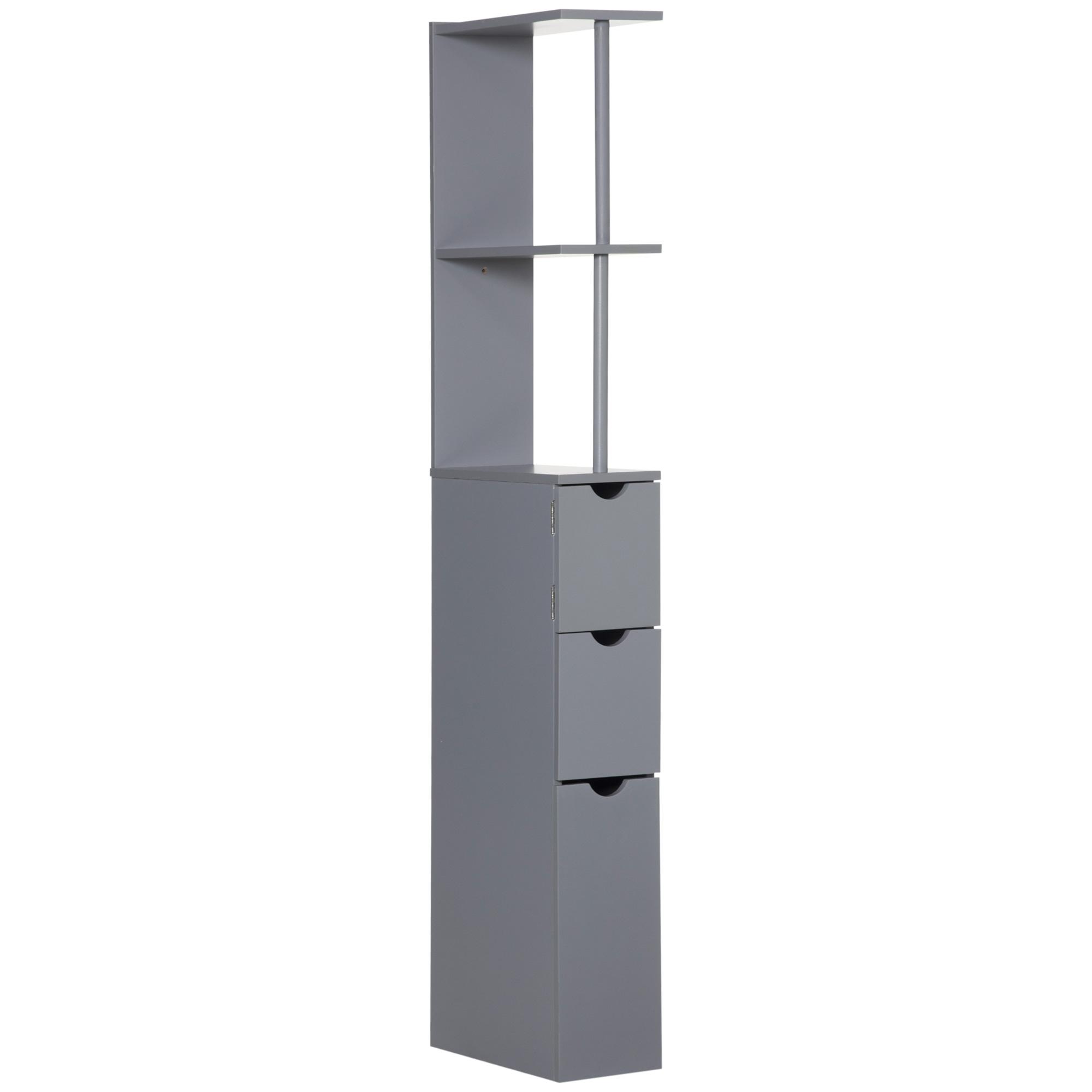 Coluna de Casa de Banho Moderno Móvel Auxiliar com 2 Prateleiras, 2 Gavetas e 1 Porta Anti - queda 15x33x136,8 cm Cinzento