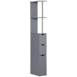 Coluna de Casa de Banho Moderno Móvel Auxiliar com 2 Prateleiras, 2 Gavetas e 1 Porta Anti - queda 15x33x136,8 cm Cinzento