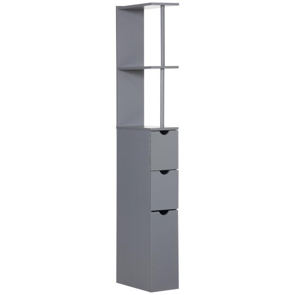 Coluna de Casa de Banho Moderno Móvel Auxiliar com 2 Prateleiras, 2 Gavetas e 1 Porta Anti - queda 15x33x136,8 cm Cinzento