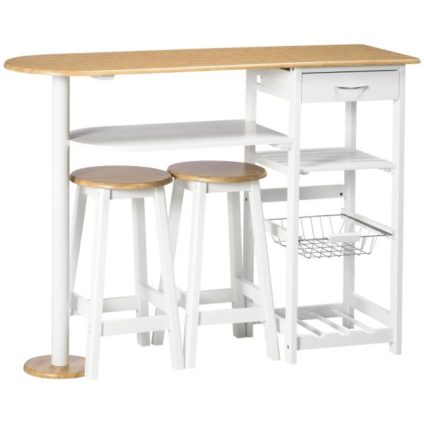 Conjunto de Mesa com 1 Gaveta 2 Prateleiras Cesta Removível e Suporte para Garrafas 119x38,5x88,5cm e 2 Bancos 29x29x55cm Branco