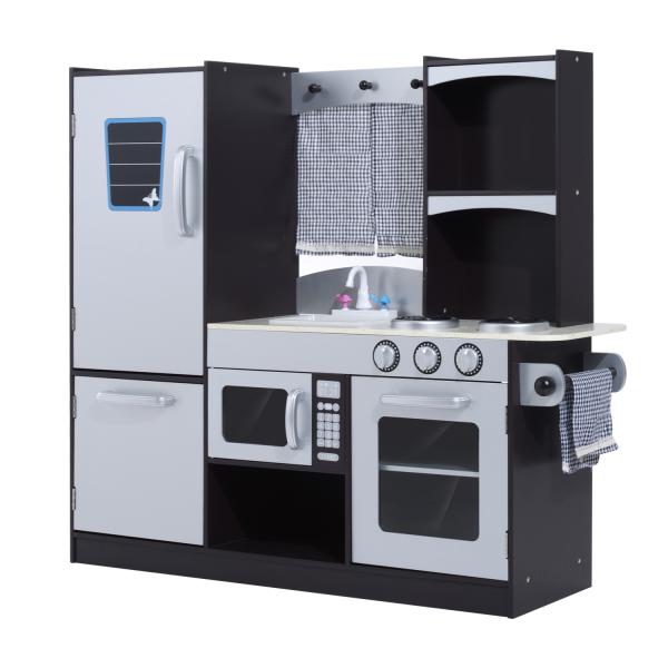 Cozinha de Brinquedo Infantil Cozinha de Madeira para Crianças com Acessórios Cozinha para Crianças com Forno Micro - Ondas Lavatório 105x31,5x95 cm Cinza e Preto