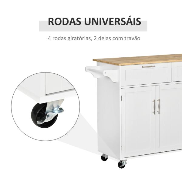 Carrinho de Cozinha com Rodas 2 Gavetas 3 Portas Prateleiras Ajustáveis e Barra para Sala de Jantar 121x46x91 cm Branco