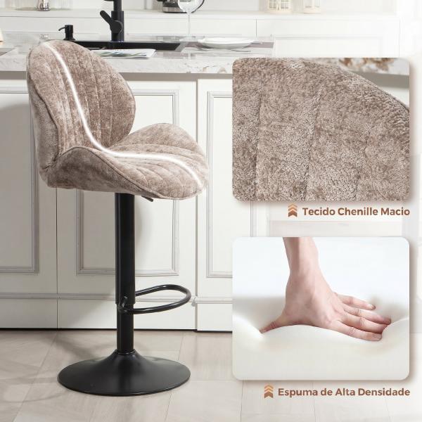 Conjunto de 2 Bancos de Bar Giratórios em Chenille com Altura Ajustável 62 - 83 cm, Encosto e Apoio para os Pés, Moka