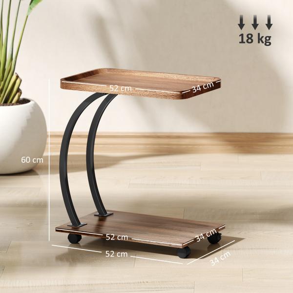 Mesa Auxiliar em Forma de C com Rodas para Sofá com Prateleiras Estrutura de Aço 52x34x60 cm Madeira e Preto