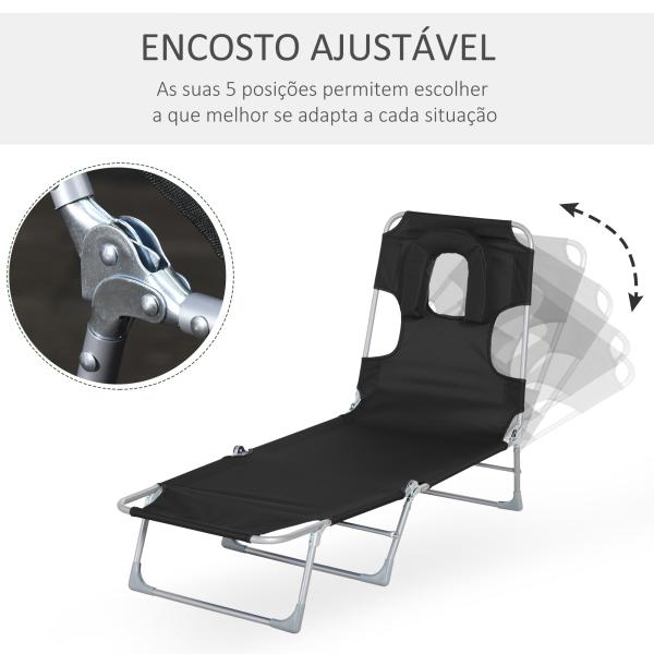 Espreguiçadeira de Jardim Reclinável e Dobrável com Orifício de Leitura Apoio para Cabeça e Encosto Ajustável em 4 Níveis para Praia 182x56x24,5 cm Preto