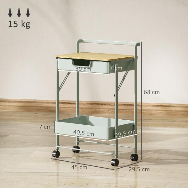 Carrinho Auxiliar com Rodas de 2 Níveis Carrinho de Cozinha com 1 Gaveta e 1 Cesto Carrinho Organizador 45x29,5x68 cm Verde Claro