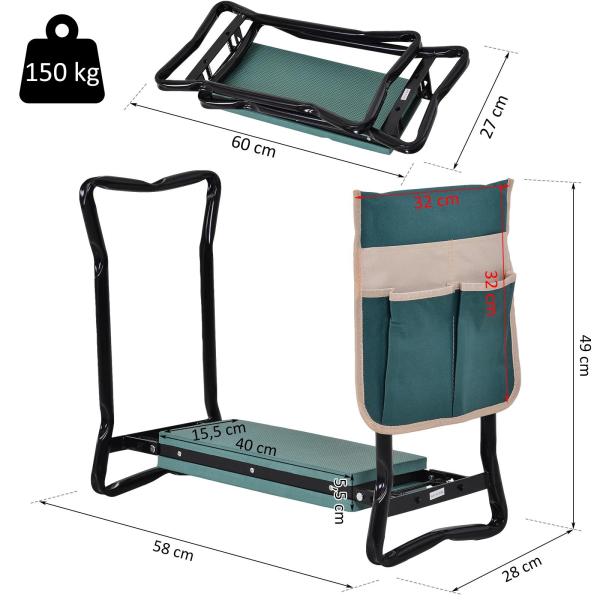 Banco de Jardim Dobrável com Bolsa para Ferramentas Almofada de Proteção para Joelhos Assento de Jardim com Joelheira Altura Ajustável 58x28x49cm Verde e Preto