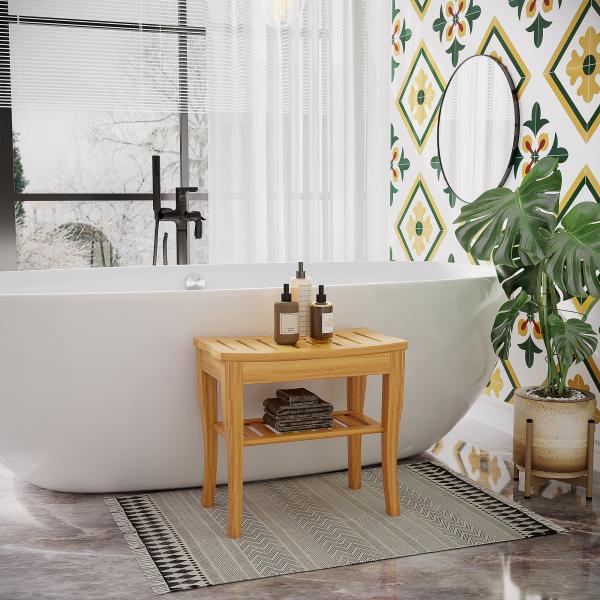 Banco para Casa de Banho de Bambu com Prateleira de Arrumação Antiderrapante Impermeável e Resistente 47,5x26x44,5 cm Madeira