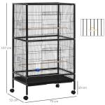 Gaiola para Pássaros com 4 Rodas Gaiola para Pássaros Metálica com Múltiplas Portas 4 Comedouros Bebedouro 2 Poleiros e Bandeja para Louros Canários Periquitos 79x52x137cm Preto