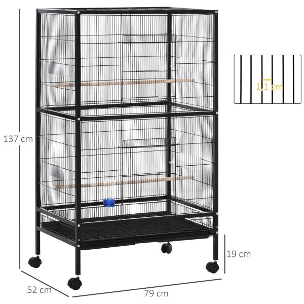 Gaiola para Pássaros com 4 Rodas Gaiola para Pássaros Metálica com Múltiplas Portas 4 Comedouros Bebedouro 2 Poleiros e Bandeja para Louros Canários Periquitos 79x52x137cm Preto