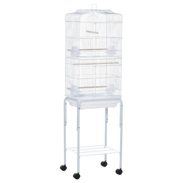 Gaiola para Passáros com Suporte com 4 Rodas Portas 4 Comedouros 3 Poleiros e Bandeja Removível 46,5x36x157cm Branco
