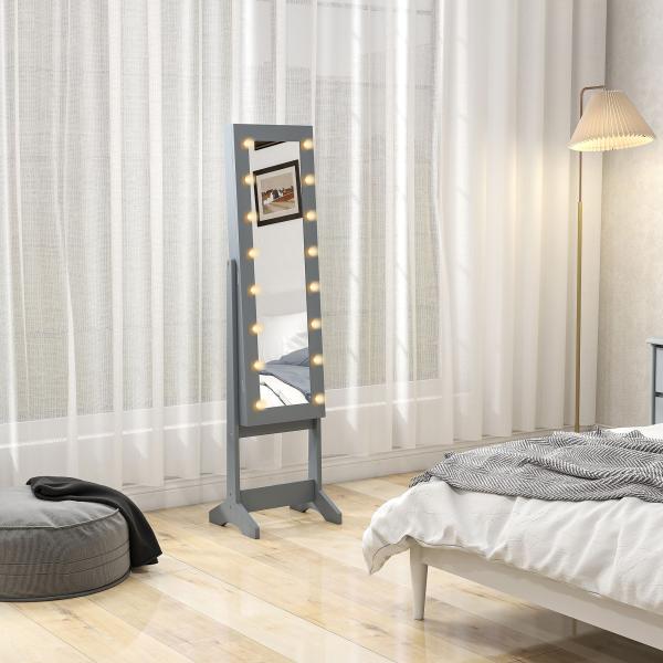 Espelho Joalheiro com Luzes LED Armário para Joias com Ângulo Ajustável Prateleiras Ranuras para Anéis 36x30x136 cm Cinzento