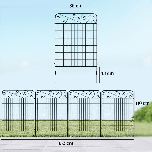 Cercas de Jardim de 4 Painéis 88x110 cm Cercas de Jardim Metálicas Cercas Decorativas com Ângulo Ajustável Preto