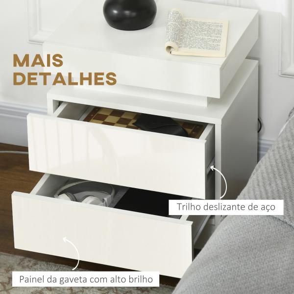 Mesa de Cabeceira com Luz LED Mesa de Cabeceira Painel de Alto Brilho 2 Gavetas e Controlo 45x35x52 cm Branco