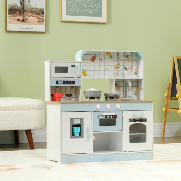 Cozinha de Madeira para Crianças com Sons Lavatório Micro - Ondas Máquina de Gelo e Acessórios 88,6x31,7x90,4 cm Branco