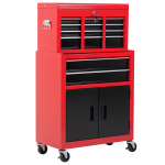 Carrinho de Ferramentas com Baú Superior 6 Gavetas Armário Fechadura e 4 Ganchos para Garagem 61,6x33x108 cm Vermelho