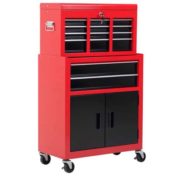 Carrinho de Ferramentas com Baú Superior 6 Gavetas Armário Fechadura e 4 Ganchos para Garagem 61,6x33x108 cm Vermelho