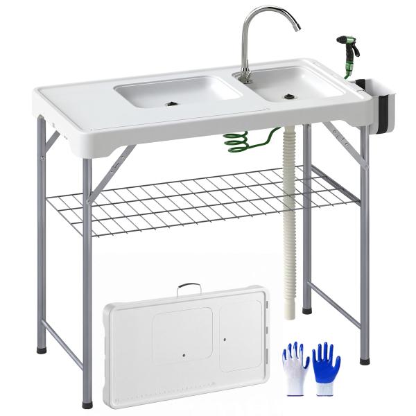Mesa para Campismo Dobrável Mesa com 2 Lavatórios Mangueira de Drenagem Estação de Limpeza 108x58x92 cm Branco