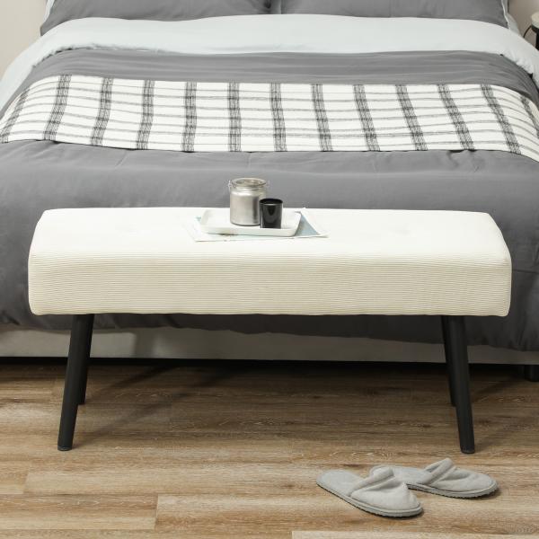 Banco de Pé de Cama em Bombazina com Assento Acolchoado, Design Capitoné e Pernas de Aço para Quarto Branco Creme