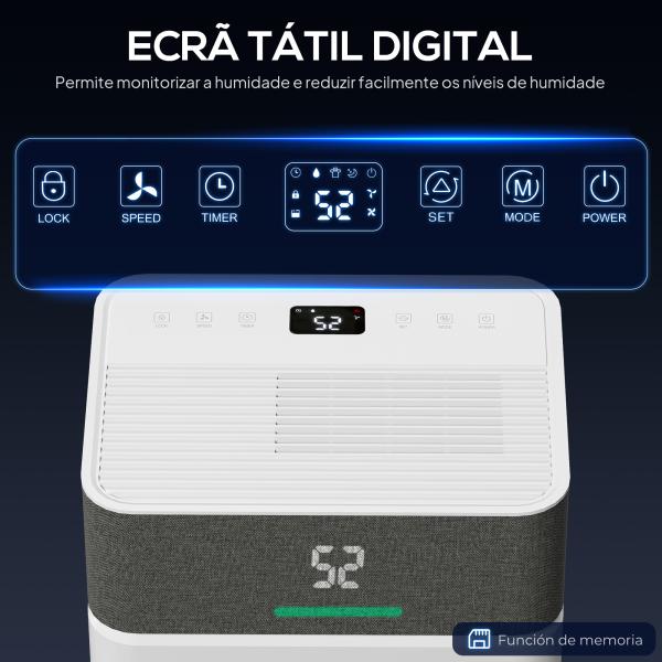 Desumidificador 12L/dia Depósito 2,1L Silencioso Desumidificador Elétrico com 4 Modos Ecrã LED Temporizador até 12 - 25㎡ Branco