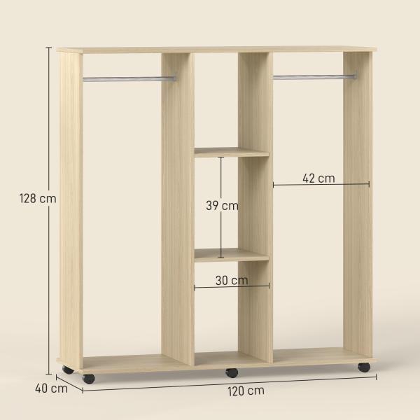 Roupeiro de Madeira Móvel Armário Roupeiro Aberto com 2 Barras para Pendurar e 3 Prateleiras 120x40x128 cm Madeira