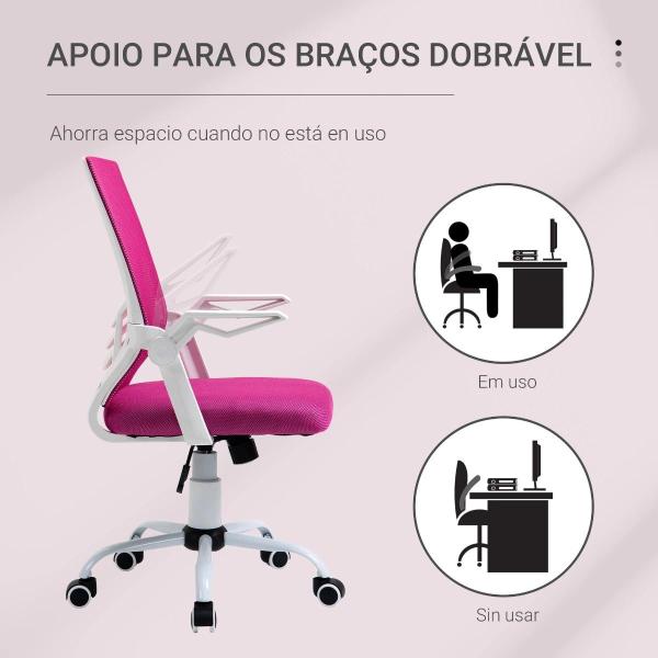 Cadeira de Escritório Ergonômica Giratória com Altura Ajustável Apoio para os Braços Dobrável Suporte Lombar e Encosto Transpirável 62,5x55x94 - 104cm Rosa