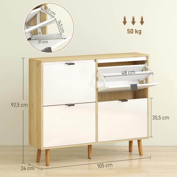 Sapateira Estreita com 4 Portas em Branco Brilho Prateleiras Ajustáveis Pernas de Madeira para 20 Pares de Sapatos 105x24x92,5 cm