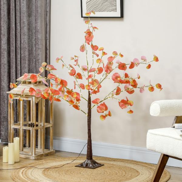Árvore de Eucalipto Artificial 120 cm Árvore Artificial com 175 Luzes LED e Base Decoração Laranja e Marrom