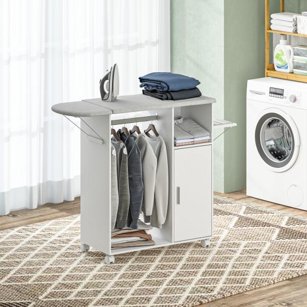 Móvel de Engomar de Madeira com Rodas Barra para Pendurar Roupa Prateleira Aberta e Tábua Dobrável 107x42,5x99 cm Branco