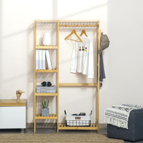 Suporte para Cabides de Bambu Cabideiro com Prateleiras de 4 Níveis com Barra Prateleira Inferior e Cabide Lateral 90x30x155cm Madeira