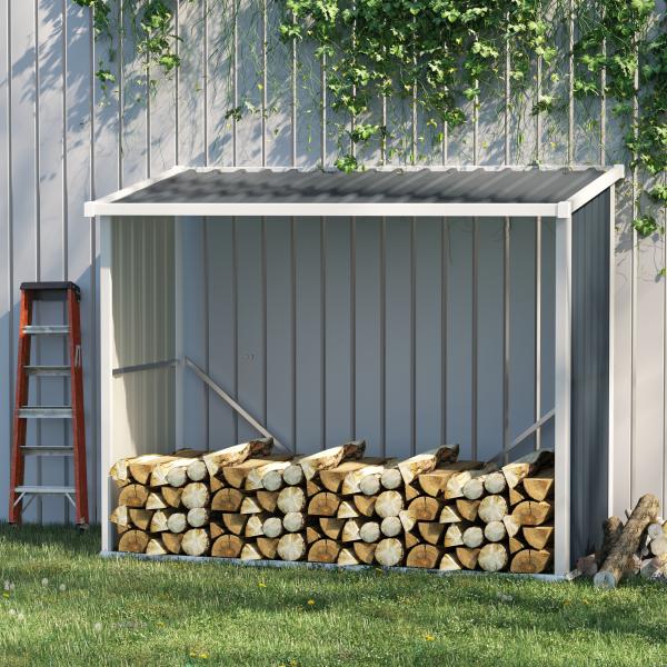 Abrigo para Lenha de Aço Galvanizado Abrigo de Armazenamento de Lenhas com Teto Inclinado para Jardim Terraço Exterior 185x84x133,5/148,5 cm Cinza