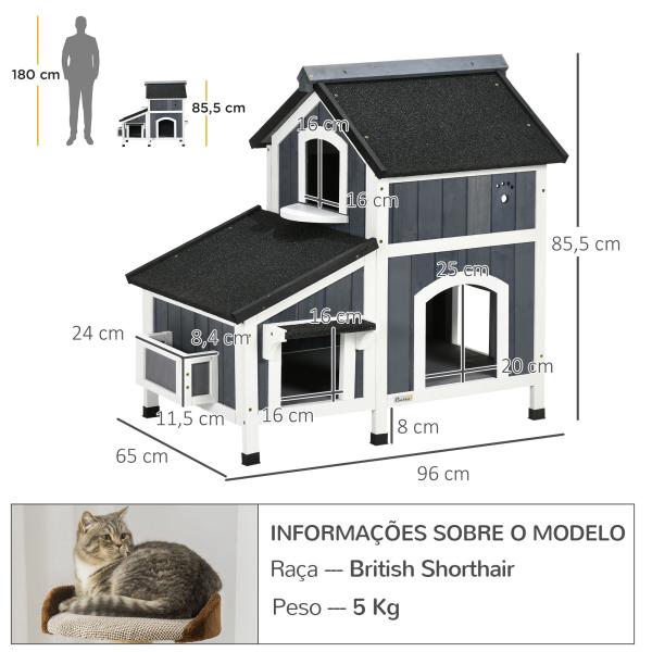 Casa para Gatos de Madeira com Suporte para Flores de 2 Níveis e Teto Asfáltico 96x65x85,5 cm Cinza
