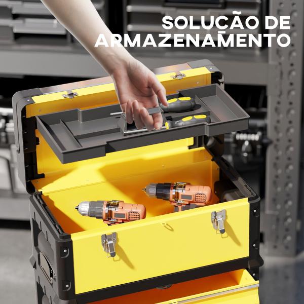 Caixa de Ferramentas Empilhável 3 em 1 Caixa de Ferramentas com Rodas Carro de Ferramentas de Aço 52x32x72 cm Amarelo e Preto