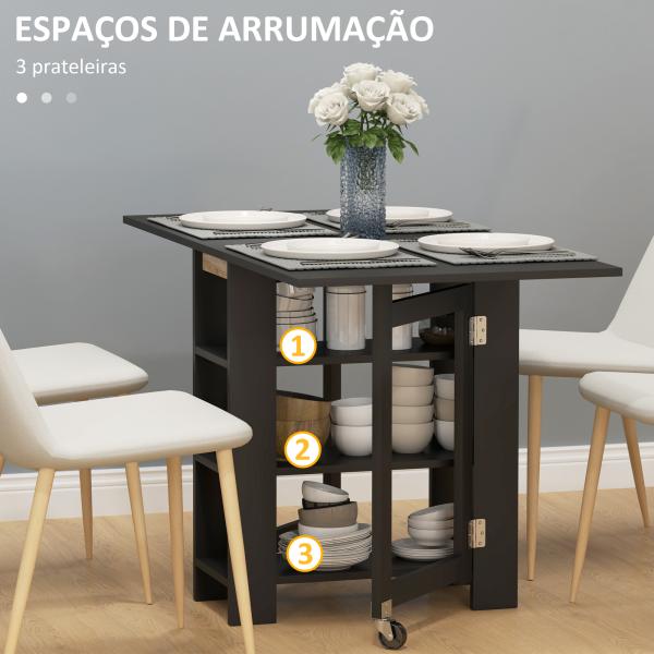 Mesa de Cozinha com Laterais Dobráveis Mesa de Refeição com 2 Rodas e Prateleiras Estilo Moderno 120x60x75 cm Preto