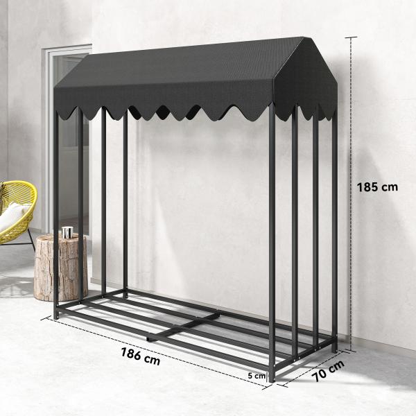 Suporte de Lenha Metálico para Exterior com Cobertura Impermeável, 186x70x185 cm, Preto