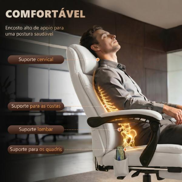 Cadeira de Escritório com 7 Pontos de Massagem com Apoio para os Pés Retrátil, Altura Ajustável, Comando Remoto e Tecido PU Branco